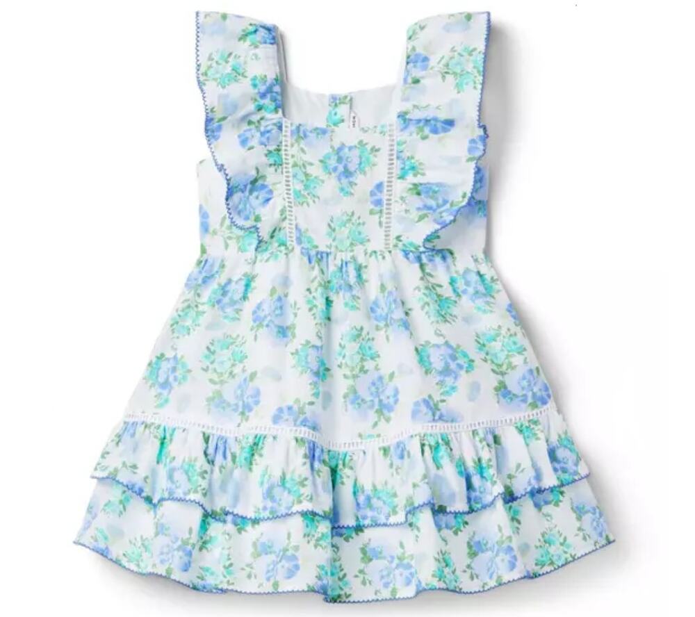 Janie & Jack Ruffled Dress Girls Size 6 White Lavender Floral Square Neck Full